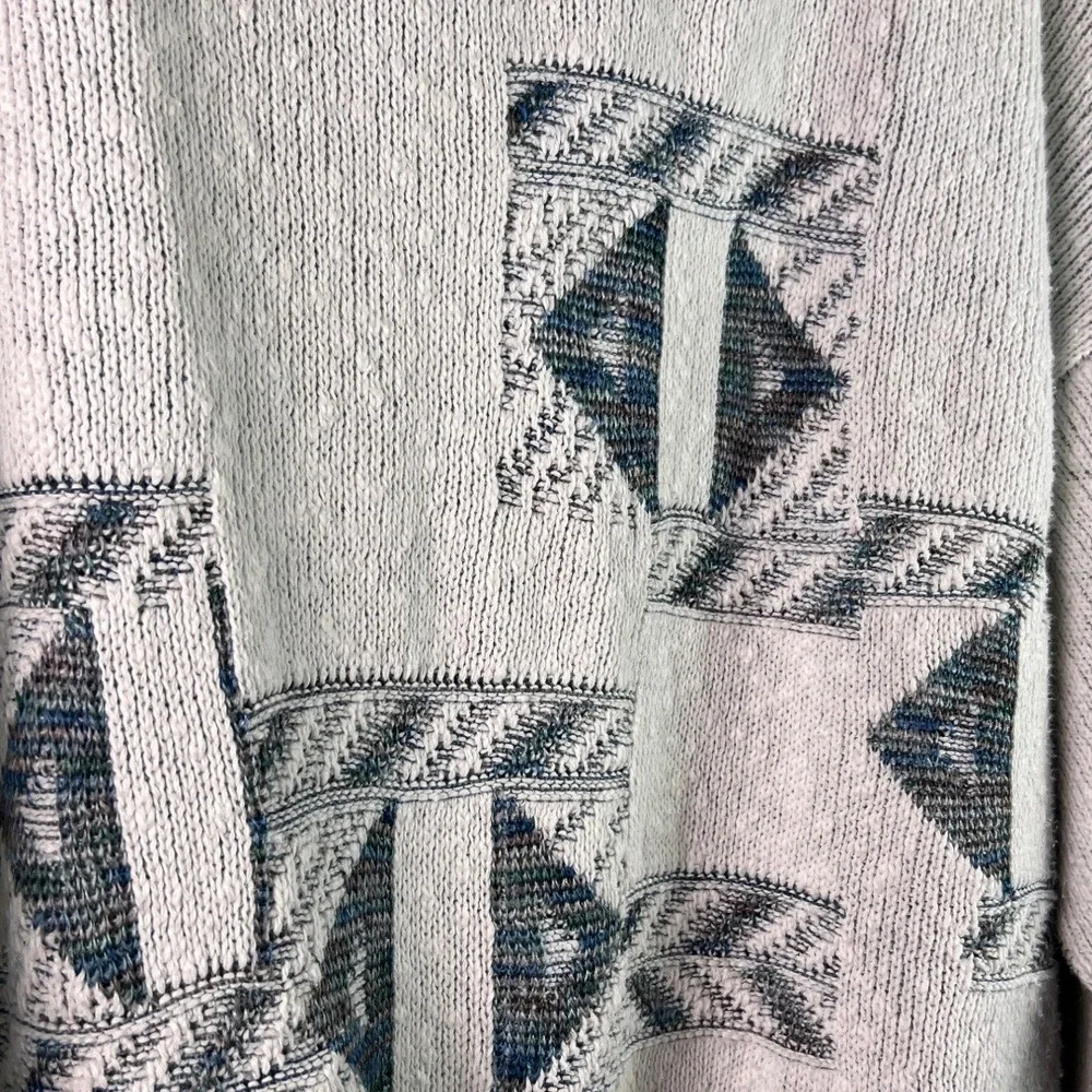 Vintage London Fog Mens Large Geometric Knit Sweater Made in USA 90s Cream Blue